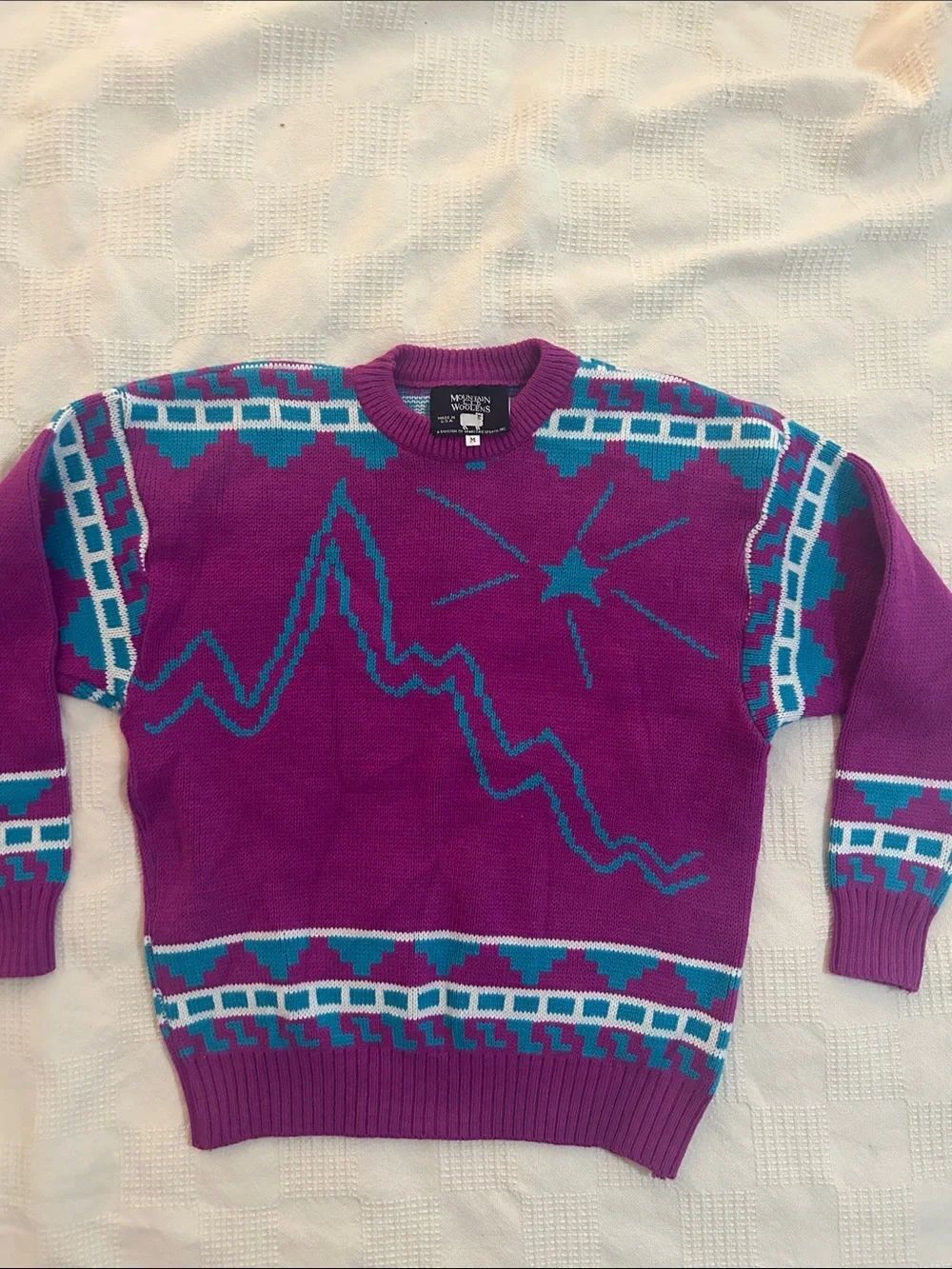 vintage Mountain Lid Woolens crewneck knit sweater purple with teal mountain M